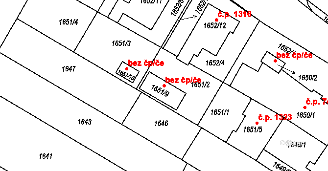 Hustopeče 43449379 na parcele st. 1651/9 v KÚ Hustopeče u Brna, Katastrální mapa