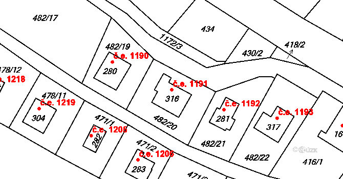 Horní Lhota 1191 na parcele st. 316 v KÚ Horní Lhota u Ostravy, Katastrální mapa