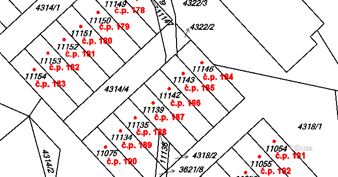 Cihelna 186, Pardubice na parcele st. 11142 v KÚ Pardubice, Katastrální mapa