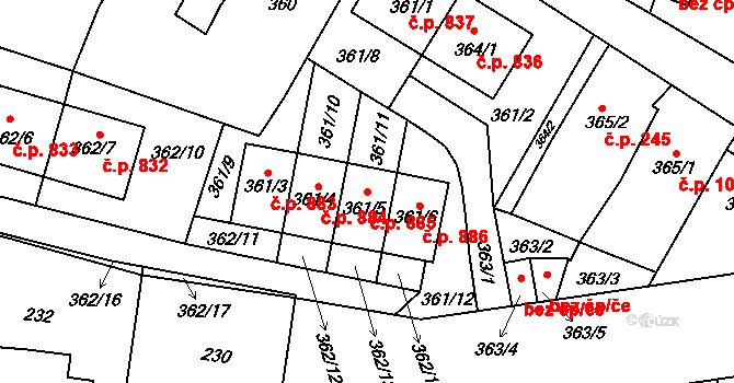 Protivín 885 na parcele st. 361/5 v KÚ Protivín, Katastrální mapa