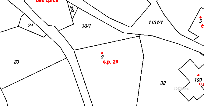 Boudy 29 na parcele st. 9 v KÚ Boudy, Katastrální mapa