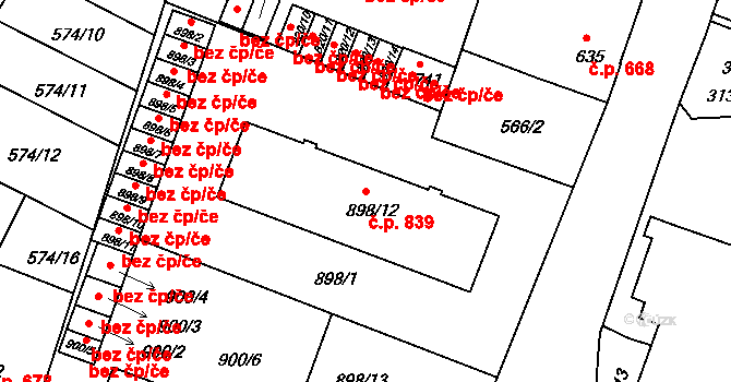 Milevsko 839 na parcele st. 898/12 v KÚ Milevsko, Katastrální mapa