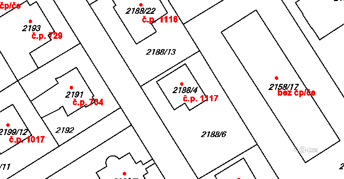 Jeseník 1117 na parcele st. 2188/4 v KÚ Jeseník, Katastrální mapa