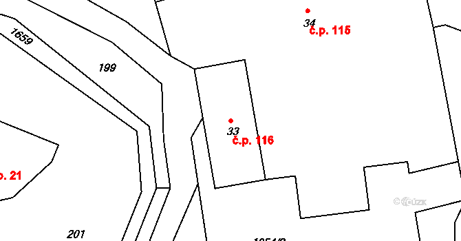 Rožmitál 116, Broumov na parcele st. 33 v KÚ Rožmitál, Katastrální mapa
