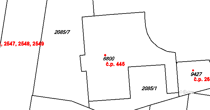 Zelené Předměstí 445, Pardubice na parcele st. 6800 v KÚ Pardubice, Katastrální mapa