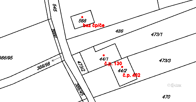 Lubina 130, Kopřivnice na parcele st. 44/1 v KÚ Drnholec nad Lubinou, Katastrální mapa