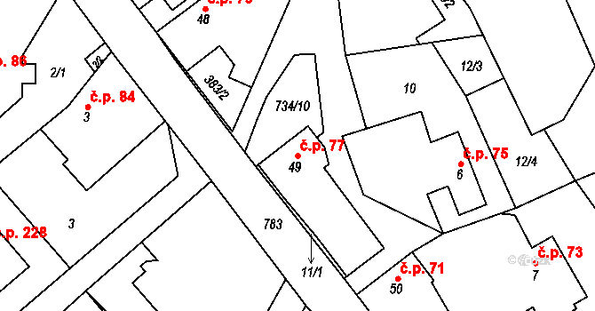 Hvozdnice 77 na parcele st. 49 v KÚ Hvozdnice, Katastrální mapa