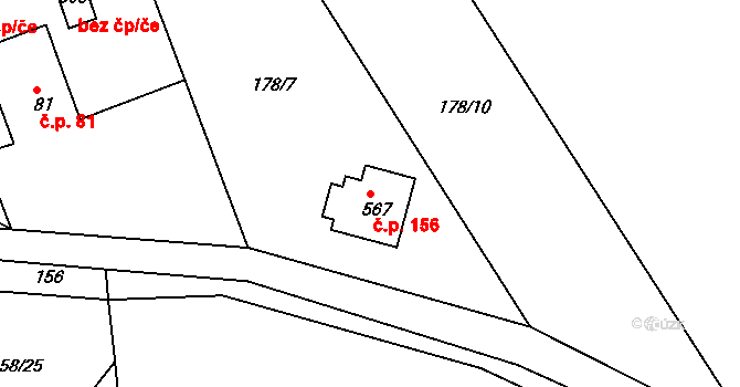 Hostěradice 156, Kamenný Přívoz na parcele st. 567 v KÚ Hostěradice, Katastrální mapa