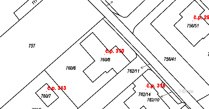Kobeřice u Brna 310 na parcele st. 760/8 v KÚ Kobeřice u Brna, Katastrální mapa
