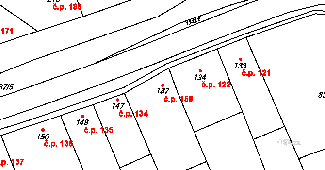 Jestřabice 158, Koryčany na parcele st. 187 v KÚ Jestřabice, Katastrální mapa