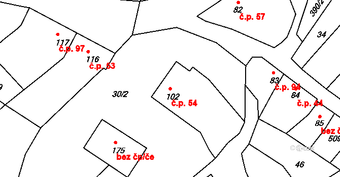 Těšnovice 54, Kroměříž na parcele st. 102 v KÚ Těšnovice, Katastrální mapa