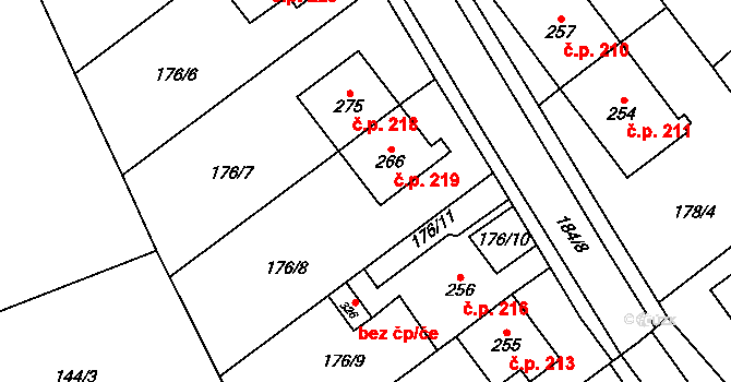 Drahany 219 na parcele st. 266 v KÚ Drahany, Katastrální mapa