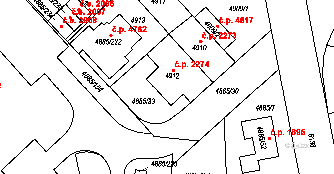 Jihlava 2274 na parcele st. 4912 v KÚ Jihlava, Katastrální mapa