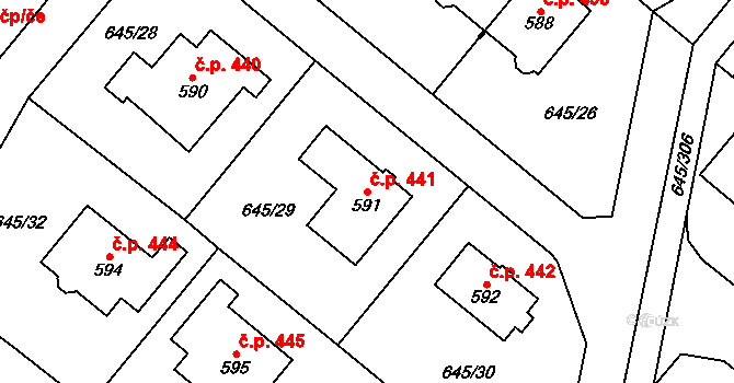 Líbeznice 441 na parcele st. 591 v KÚ Líbeznice, Katastrální mapa