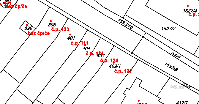 Popůvky 124 na parcele st. 407 v KÚ Popůvky u Brna, Katastrální mapa