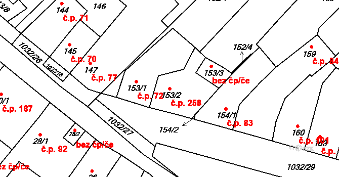 Tetčice 258 na parcele st. 153/2 v KÚ Tetčice, Katastrální mapa