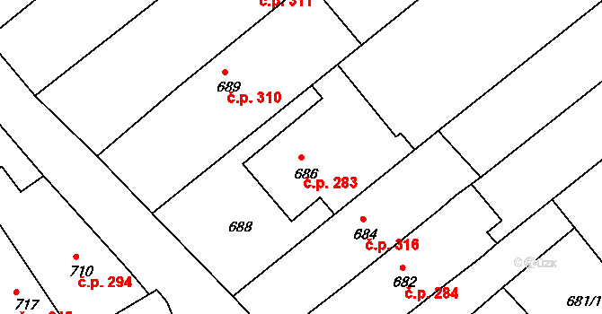 Šaratice 283 na parcele st. 686 v KÚ Šaratice, Katastrální mapa