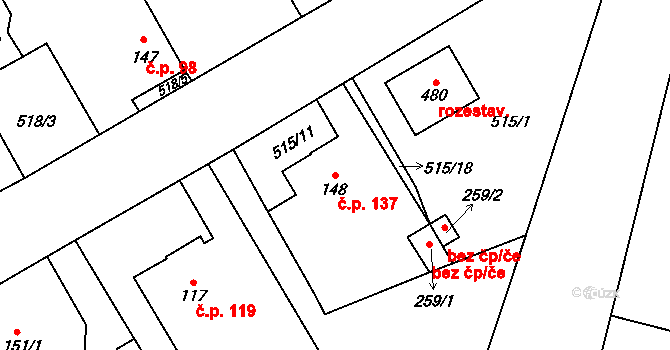 Černožice 137 na parcele st. 148 v KÚ Černožice nad Labem, Katastrální mapa
