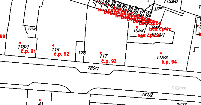 Smiřice 93 na parcele st. 117 v KÚ Smiřice, Katastrální mapa