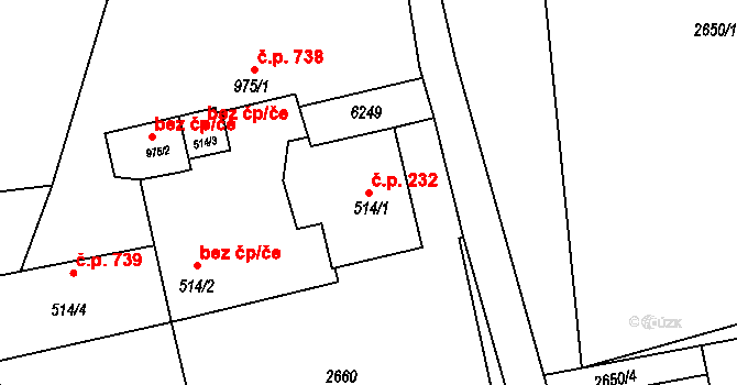 Rožnov pod Radhoštěm 232 na parcele st. 514/1 v KÚ Rožnov pod Radhoštěm, Katastrální mapa
