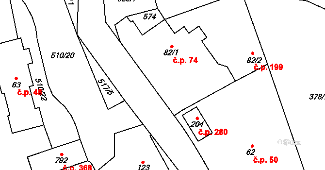 Senohraby 74 na parcele st. 82/1 v KÚ Senohraby, Katastrální mapa
