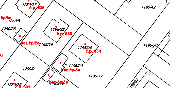 Březnice 634 na parcele st. 1195/24 v KÚ Březnice, Katastrální mapa