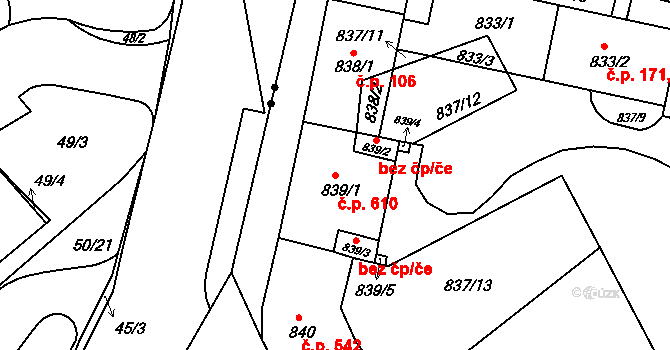 Staré Brno 610, Brno na parcele st. 839/1 v KÚ Staré Brno, Katastrální mapa