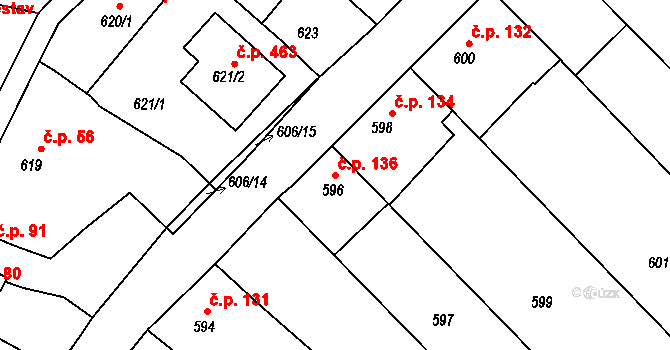 Lipůvka 136 na parcele st. 596 v KÚ Lipůvka, Katastrální mapa