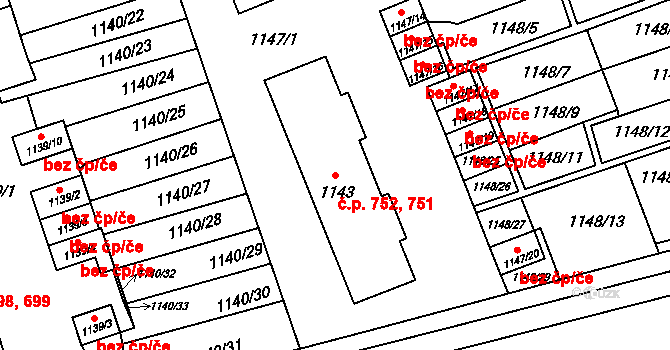 Jablunkov 751,752 na parcele st. 1143 v KÚ Jablunkov, Katastrální mapa