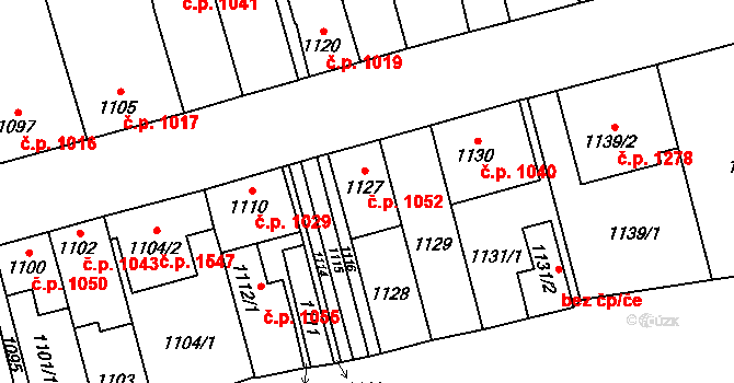 Kyje 1052, Praha na parcele st. 1127 v KÚ Kyje, Katastrální mapa