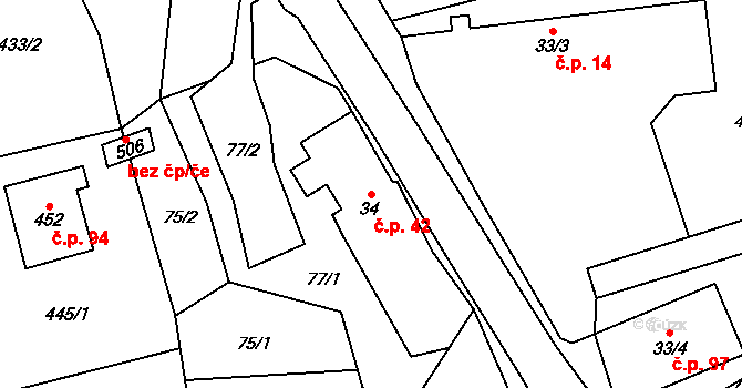 Svinaře 42 na parcele st. 34 v KÚ Svinaře, Katastrální mapa