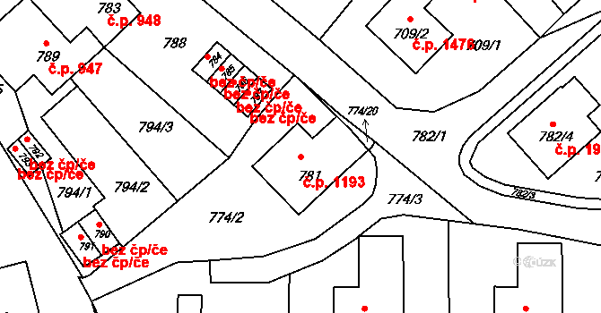 Jirkov 1193 na parcele st. 781 v KÚ Jirkov, Katastrální mapa