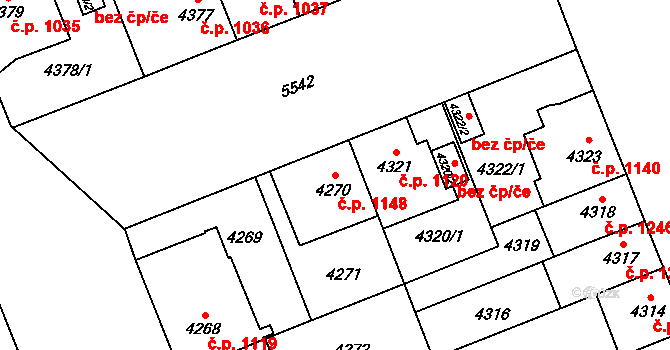 Východní Předměstí 1148, Plzeň na parcele st. 4270 v KÚ Plzeň, Katastrální mapa