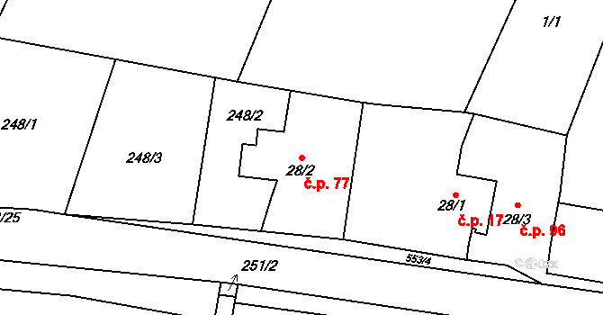 Lžovice 77, Týnec nad Labem na parcele st. 28/2 v KÚ Lžovice, Katastrální mapa
