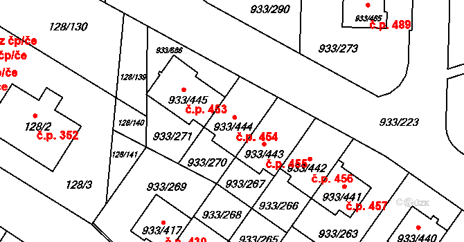 Satalice 454, Praha na parcele st. 933/444 v KÚ Satalice, Katastrální mapa