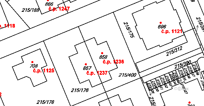 Rudná 1236 na parcele st. 858 v KÚ Hořelice, Katastrální mapa
