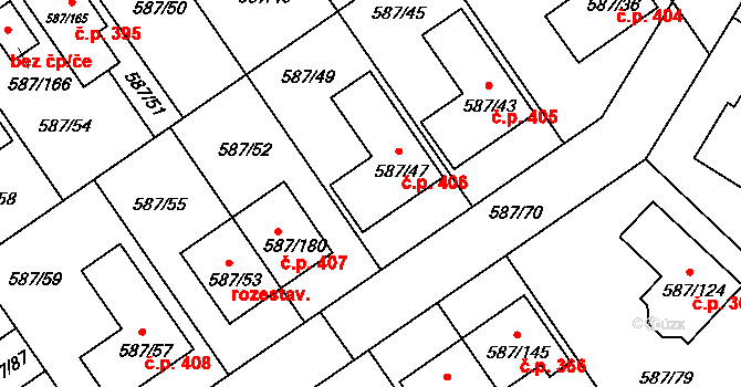 Syrovice 406 na parcele st. 587/47 v KÚ Syrovice, Katastrální mapa
