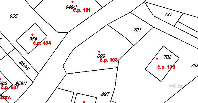 Štípa 103, Zlín na parcele st. 699 v KÚ Štípa, Katastrální mapa