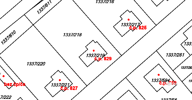 Vinoř 829, Praha na parcele st. 1337/219 v KÚ Vinoř, Katastrální mapa