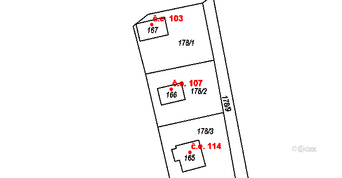 Kraskov 107, Seč na parcele st. 166 v KÚ Kraskov, Katastrální mapa