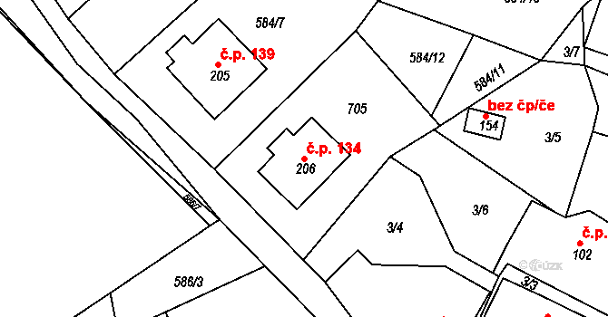 Jeníkov 134 na parcele st. 206 v KÚ Jeníkov u Hlinska, Katastrální mapa