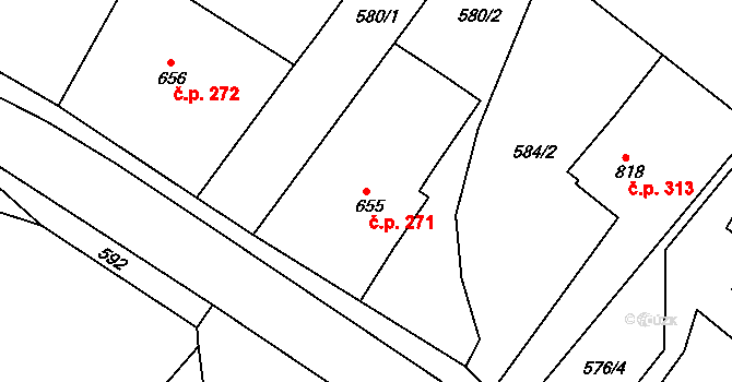 Broumov 271 na parcele st. 655 v KÚ Broumov, Katastrální mapa