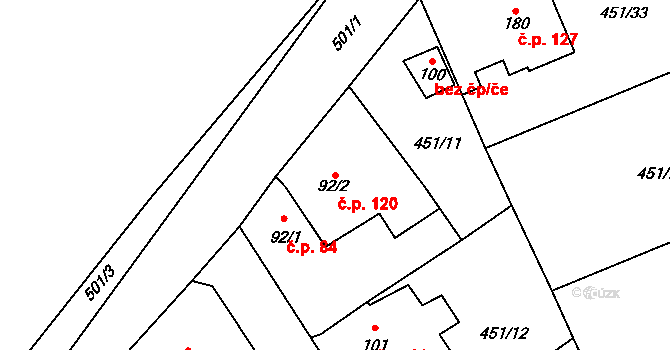 Mnětice 120, Pardubice na parcele st. 92/2 v KÚ Mnětice, Katastrální mapa