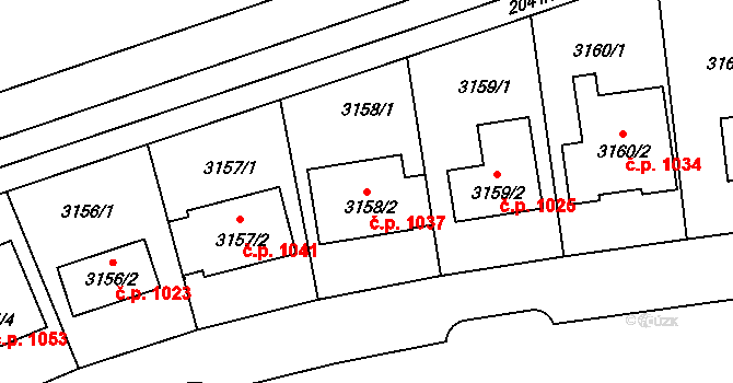Lužice 1037 na parcele st. 3158/2 v KÚ Lužice u Hodonína, Katastrální mapa