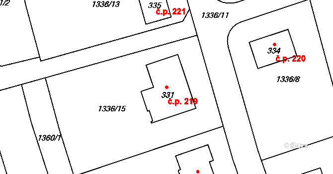 Kunovice 219 na parcele st. 331 v KÚ Kunovice, Katastrální mapa