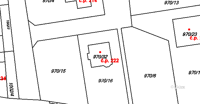 Meclov 222 na parcele st. 970/32 v KÚ Meclov, Katastrální mapa