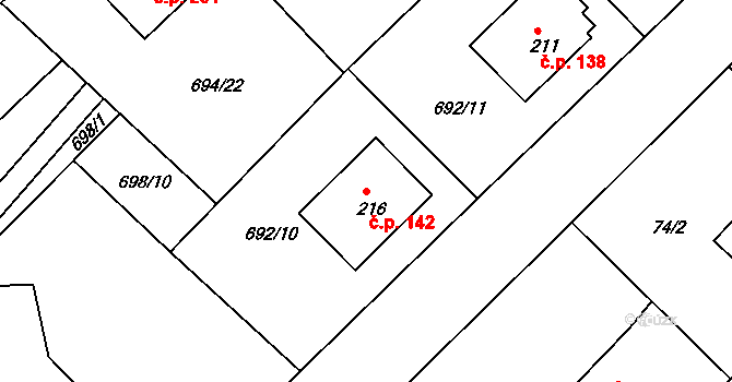 Lípa nad Orlicí 142 na parcele st. 216 v KÚ Lípa nad Orlicí, Katastrální mapa