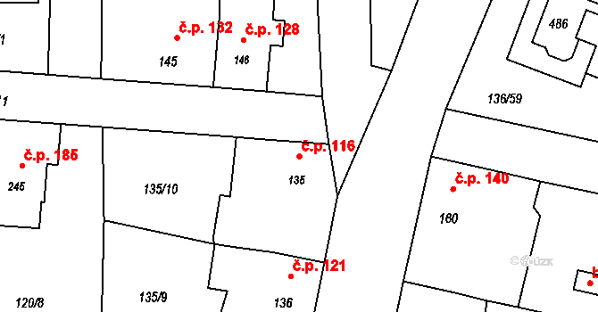 Příchovice 116 na parcele st. 135 v KÚ Příchovice u Přeštic, Katastrální mapa