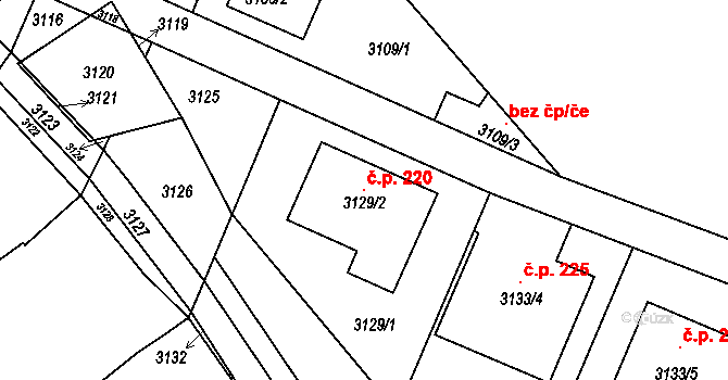 Těšetice 220 na parcele st. 3129/2 v KÚ Těšetice u Znojma, Katastrální mapa