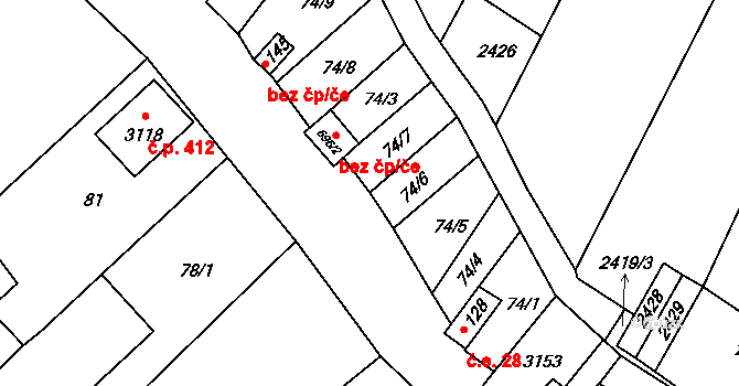 Popice 29 na parcele st. 74/6 v KÚ Popice, Katastrální mapa